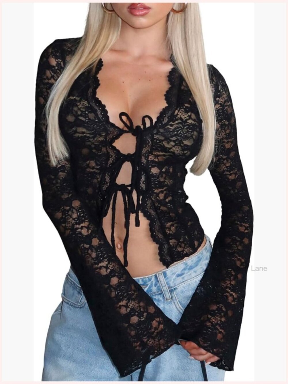 V Neck Lace Self Tie Front Crop Top Sheer Long Sleeve Blouse